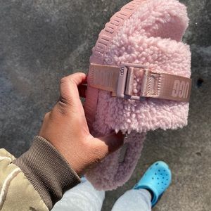 Pink fluff UGG slides